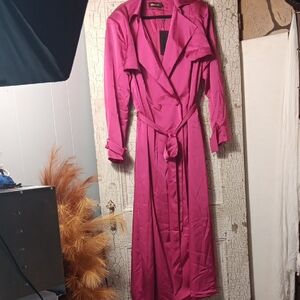 Vibrant Pink Trench Coat with Wrap Design and Tie Belt